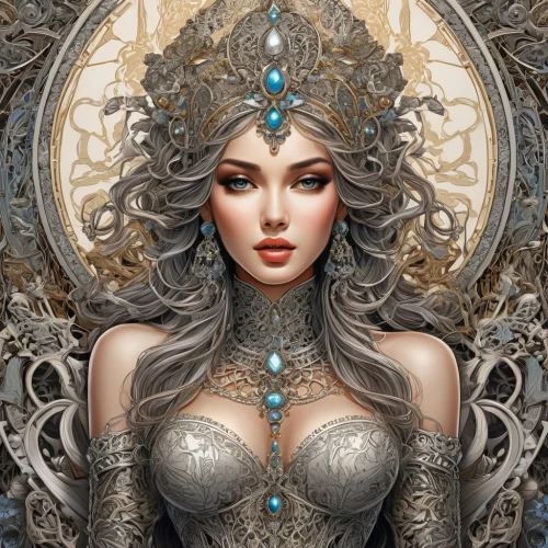 fantasy art,fantasy portrait,the enchantress,the snow queen,priestess,filigree,sorceress,fantasy woman,zodiac sign libra,ice queen,elven,celtic queen,oriental princess,fairy queen,zodiac sign gemini,blue enchantress,libra,ornate,fantasy picture,gemini,Illustration,Black and White,Black and White 03