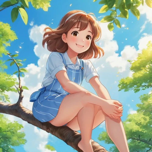 mikuru asahina,miku maekawa,yui hirasawa k-on,spring background,himuto,spring leaf background,springtime background,tsumugi kotobuki k-on,japanese sakura background,akko,studio ghibli,forest background,sakura background,looking up,summer sky,summer background,summer day,portrait background,girl in overalls,girl sitting,Illustration,Japanese style,Japanese Style 01