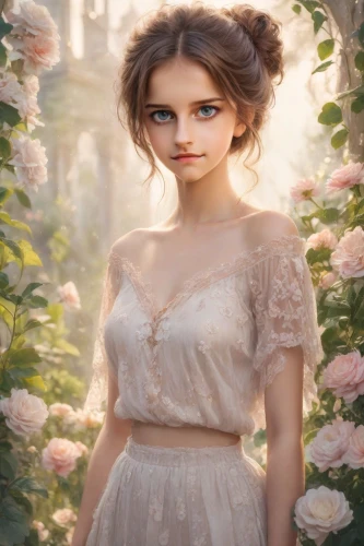 bridal clothing,romantic portrait,romantic look,faery,girl in flowers,rosa 'the fairy,wedding dresses,fairy tale character,bridal,wedding dress,flower girl,bridal dress,mystical portrait of a girl,enchanting,faerie,wedding gown,rosa ' the fairy,fantasy portrait,beautiful girl with flowers,girl in a wreath,Photography,Realistic