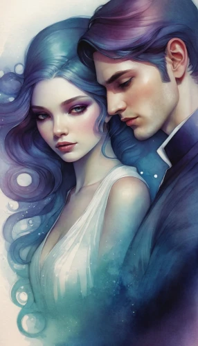 young couple,silver wedding,romantic portrait,la violetta,sci fiction illustration,wedding couple,blue moon rose,mermaid background,fairy tale,watery heart,white rose snow queen,merfolk,twiliight,game illustration,honeymoon,couple,twilight,fairytale characters,fantasy picture,amorous,Illustration,Realistic Fantasy,Realistic Fantasy 15