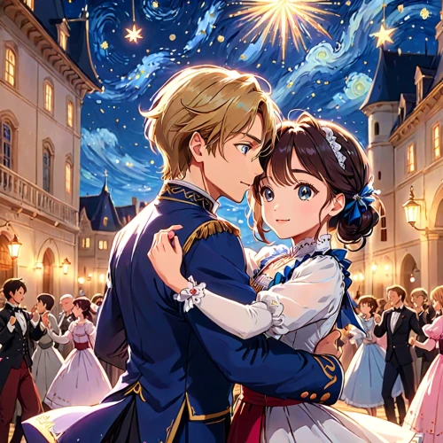 starry sky,waltz,wedding couple,prince and princess,celestial event,the moon and the stars,ballroom dance,wedding invitation,falling star,falling stars,silver wedding,stars and moon,star sky,fairy tale,starlight,romantic portrait,bride and groom,cg artwork,ballroom,serenade,Anime,Anime,Traditional