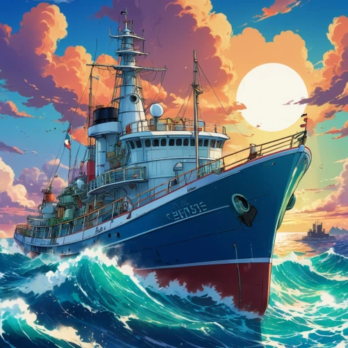 sea fantasy,ship releases,fishing trawler,troopship,hospital ship,seafarer,training ship,naval trawler,lightship,ship,digging ship,rescue and salvage ship,caravel,royal mail ship,auxiliary ship,arnold maersk,ship of the line,convoy rescue ship,royal yacht,full-rigged ship,Illustration,Japanese style,Japanese Style 03
