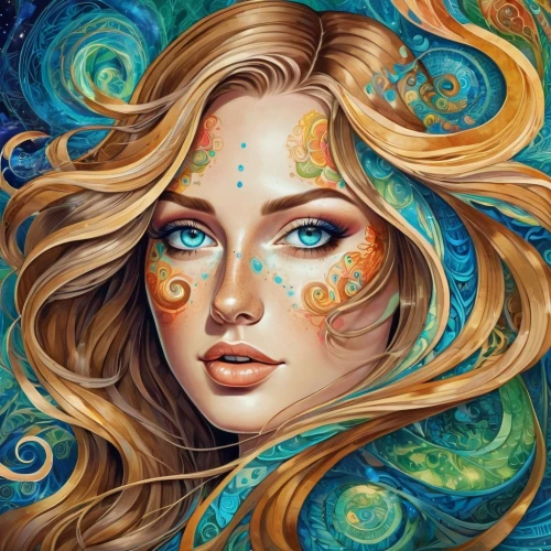 boho art,aquarius,fantasy portrait,zodiac sign gemini,zodiac sign libra,virgo,andromeda,mermaid vectors,zodiac sign leo,fantasy art,mystical portrait of a girl,gemini,medusa,psychedelic art,mermaid background,siren,the zodiac sign pisces,aura,flora,libra,Illustration,Realistic Fantasy,Realistic Fantasy 39