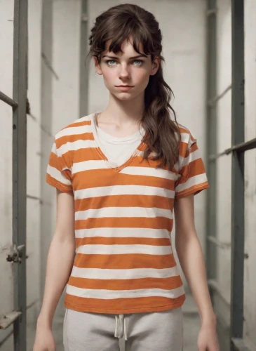 prisoner,girl in t-shirt,prison,horizontal stripes,girl in overalls,lori,the girl's face,captivity,detention,child girl,isolated t-shirt,liberty cotton,violence against women,arbitrary confinement,girl in a long,lilian gish - female,in custody,cotton top,chainlink,girl in a historic way,Photography,Natural