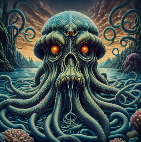 kraken,octopus,cephalopod,deep sea,god of the sea,calamari,sea god,deep sea nautilus,sea monsters,undersea,the bottom of the sea,octopus vector graphic,bottom of the sea,polyp,octopus tentacles,deep sea diving,cephalopods,tentacles,three eyed monster,giant squid