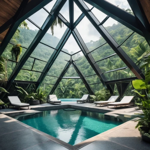 tropical house,roof domes,conservatory,tropical jungle,pool house,glass pyramid,glass roof,tropical greens,cabana,roof landscape,belize,ubud,tropics,seychelles,rainforest,rain forest,tropical island,costa rica,holiday villa,eco hotel,Photography,General,Realistic
