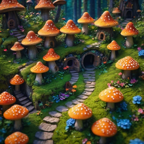 mushroom landscape,mushroom island,fairy village,fairy forest,toadstools,forest mushrooms,mushrooms,forest mushroom,scandia gnomes,fairy house,fairy world,fairytale forest,cartoon forest,umbrella mushrooms,elven forest,club mushroom,gnomes,fungi,lingzhi mushroom,brown mushrooms,Photography,General,Fantasy