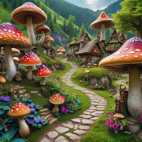 mushroom landscape,fairy village,mushroom island,fairy forest,fairy world,scandia gnomes,alpine village,aurora village,mushrooms,toadstools,umbrella mushrooms,druid grove,fantasy landscape,forest mushrooms,cartoon forest,fairytale forest,gnomes,fairy house,lingzhi mushroom,elven forest