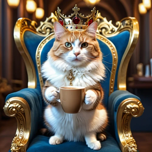 tea party cat,cat coffee,cat drinking tea,napoleon cat,royal crown,royal,content is king,king caudata,regal,royalty,macchiato,the throne,king crown,monarchy,café au lait,king,capuchino,emperor,throne,crowned goura,Photography,General,Realistic
