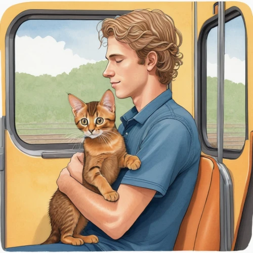 ritriver and the cat,red tabby,train ride,vintage cat,calico cat,domestic cat,vintage cats,firestar,cat-ketch,tom cat,cat cartoon,ginger cat,drawing cat,cartoon cat,domestic short-haired cat,cat lovers,cat portrait,two cats,pet portrait,sci fiction illustration,Illustration,Children,Children 03