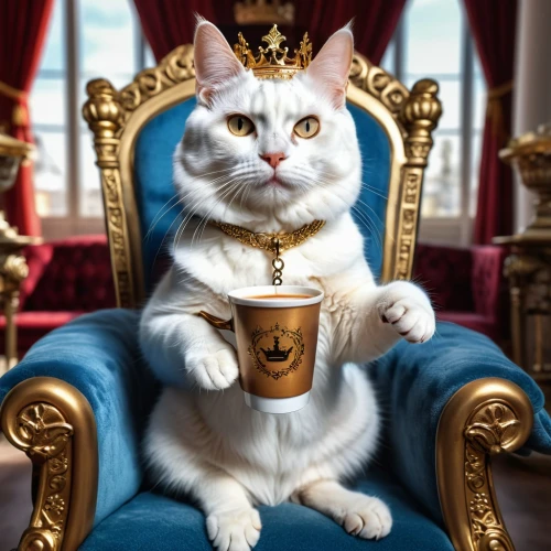 tea party cat,cat coffee,napoleon cat,cat drinking tea,monarchy,regal,emperor,royal,king caudata,aristocrat,royal crown,cat portrait,the throne,macchiato,throne,mocaccino,royalty,grand duke,heraldic animal,sultan,Photography,General,Realistic