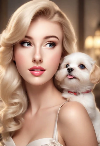 artificial hair integrations,girl with dog,blonde dog,english white terrier,white dog,dog breed,indian spitz,dog pure-breed,berger blanc suisse,blonde girl with christmas gift,image manipulation,poodle crossbreed,beauty salon,romantic portrait,coton de tulear,white shepherd,pekingese,female dog,realdoll,blonde woman,Photography,Commercial