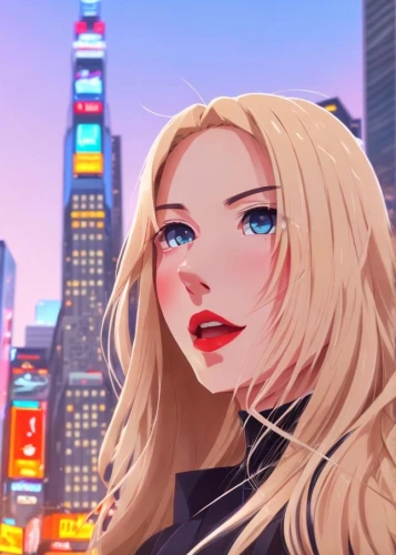 ny,city ​​portrait,cool blonde,time square,vector illustration,blonde girl,hong,cg artwork,hk,portrait background,times square,blonde woman,big apple,new york,nyc,vector art,would a background,blond girl,art deco background,femme fatale,Common,Common,Japanese Manga