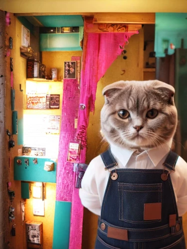 sweater vest,shopkeeper,dry cleaning,cat's cafe,animals play dress-up,dressmaker,hanging cat,vintage cat,pet shop,cat kawaii,doll cat,fat quarters,pink cat,napoleon cat,funny cat,shopping bag,cat supply,necktie,cute tie,cat crawling out of purse