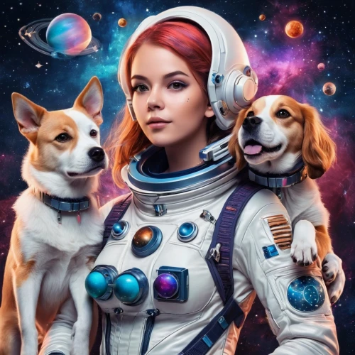 astronautics,astro,astropeiler,girl with dog,andromeda,dogecoin,color dogs,spacefill,astronaut,olallieberry,orion,cosmonaut,three dogs,astronauts,space art,lost in space,space,space travel,album cover,astronira,Conceptual Art,Sci-Fi,Sci-Fi 30