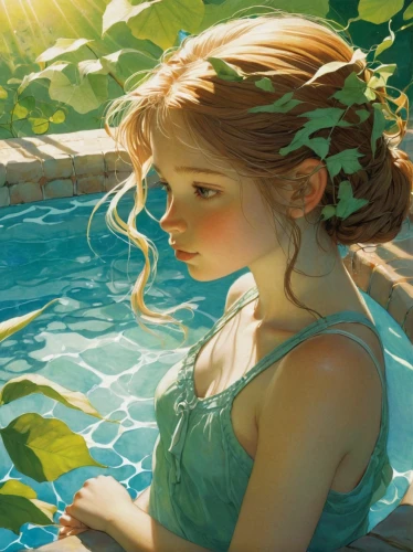 water nymph,summer crown,summer day,the blonde in the river,swimmer,girl in the garden,underwater background,jessamine,summer evening,idyll,watery heart,water-the sword lily,rusalka,girl with a dolphin,siren,mermaid,in the summer,swim,merfolk,digital painting,Illustration,Realistic Fantasy,Realistic Fantasy 04