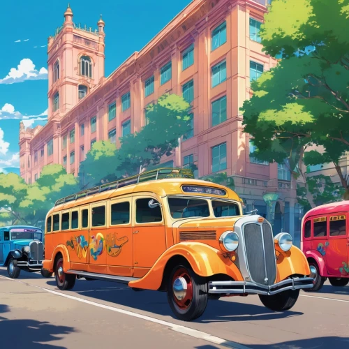 trolleybuses,school bus,trolley bus,volkswagenbus,world digital painting,vwbus,city bus,colorful city,schoolbus,fiat 600,trolleybus,city car,city tour,red bus,mercedes 170s,travel poster,car hop,school buses,retro vehicle,ford motor company,Illustration,Japanese style,Japanese Style 03
