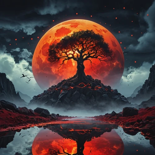 blood moon,blood moon eclipse,volcanic,tangerine tree,tree of life,red tree,volcano,fantasy picture,scorched earth,red sun,volcanic field,burning bush,burning earth,fire planet,lunar landscape,orange tree,halloween background,lava,colorful tree of life,fantasy landscape,Photography,General,Realistic