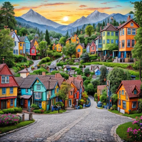 mountain village,alpine village,houses clipart,norway,aurora village,escher village,scandinavia,bergen,colorful city,norway nok,home landscape,world digital painting,villages,mountain settlement,landscape background,children's background,wooden houses,norway island,row of houses,cottages