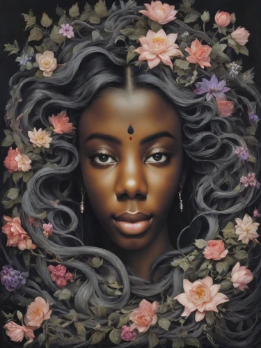 girl in a wreath,mystical portrait of a girl,black woman,fantasy portrait,wreath of flowers,african american woman,oil painting on canvas,rose wreath,beautiful african american women,girl in flowers,african woman,west indian jasmine,flora,jasmine blossom,kahila garland-lily,black skin,lotus blossom,lotus art drawing,lotus,sacred lotus