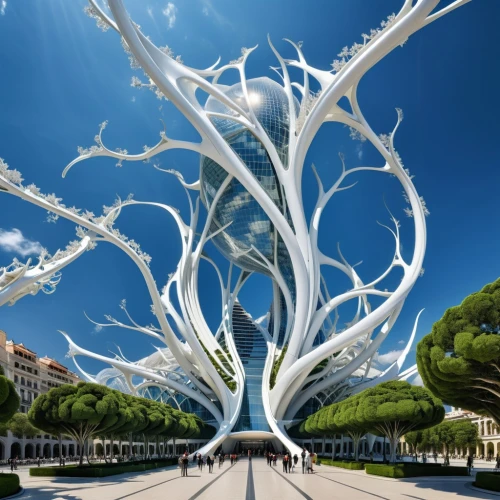 dragon tree,santiago calatrava,calatrava,canarian dragon tree,trumpet tree,magic tree,tree of life,silk tree,mother earth statue,celtic tree,flourishing tree,public art,fractalius,steel sculpture,strange tree,panoramical,futuristic architecture,blossom tree,fractals art,the roots of trees,Photography,General,Realistic