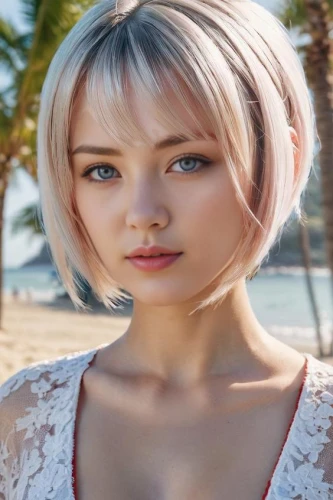 pixie-bob,natural cosmetic,beach background,natural color,short blond hair,barbie,pixie cut,peach color,realdoll,pale,heterochromia,eurasian,artificial hair integrations,malibu,pixie,blonde girl,beautiful young woman,natural pink,romantic look,blonde woman,Female,East Asians,Sidelocks,Youth adult,M,Confidence,Swimsuit,Outdoor,Beach