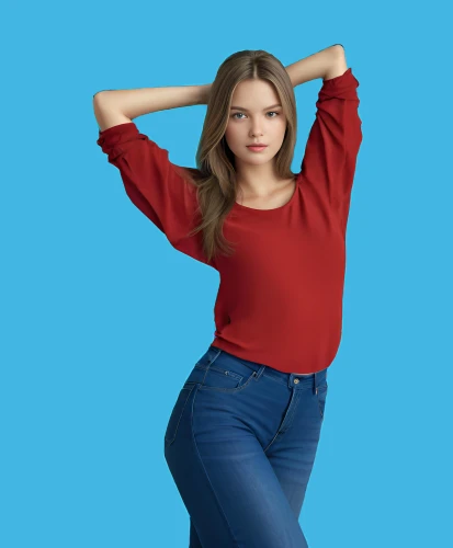 long-sleeved t-shirt,jeans background,blue background,women's health,female model,plus-size model,women's clothing,women clothes,modeling,long-sleeve,menswear for women,on a red background,portrait background,gap,red and blue,red background,gap kids,model,red,sweater,Female,South Africans,Straight hair,Mature,XXL,Calm