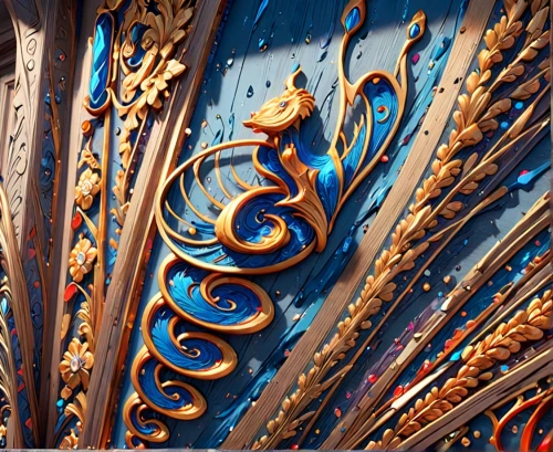 mandelbulb,patterned wood decoration,ornamental wood,carved wood,motifs of blue stars,art nouveau design,art nouveau,ornate,peacock feathers,paisley digital background,wrought iron,detail shot,wood carving,decorative element,painted dragon,blue sea shell pattern,peacock feather,fractals art,carved wall,spanish tile,Anime,Anime,General