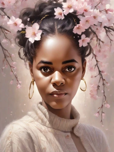 girl in a wreath,mystical portrait of a girl,fantasy portrait,girl in flowers,child portrait,flower girl,digital painting,girl portrait,tiana,linden blossom,portrait of a girl,blossoms,blossom,the cherry blossoms,afro-american,world digital painting,kahila garland-lily,afro american girls,blossoming,magnolia,Photography,Cinematic