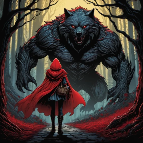 red riding hood,little red riding hood,werewolf,wolfman,werewolves,howling wolf,red coat,howl,wolf,two wolves,red wolf,wolf couple,red cape,the wolf pit,wolf hunting,blood hound,the fur red,game illustration,wolves,sci fiction illustration,Illustration,Realistic Fantasy,Realistic Fantasy 25