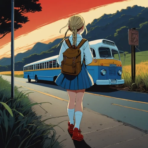 tsumugi kotobuki k-on,darjeeling,heavy object,studio ghibli,school bus,the girl at the station,schoolbus,bus,asuka langley soryu,bus stop,girl walking away,passenger gazelle,public transportation,last train,traveler,commute,street car,going home,transit,travel poster,Illustration,American Style,American Style 09