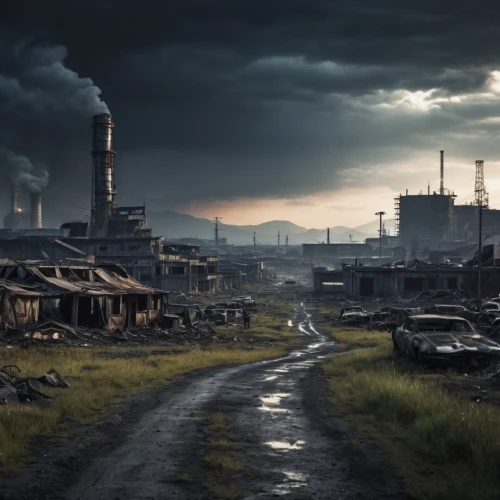 industrial landscape,post-apocalyptic landscape,post apocalyptic,wasteland,post-apocalypse,factories,industrial ruin,destroyed city,industries,chemical plant,refinery,industrial,apocalyptic,industrial area,the pollution,scrapyard,environmental destruction,gunkanjima,desolate,steel mill,Photography,General,Realistic