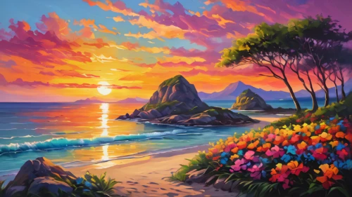 beach landscape,coastal landscape,landscape background,colorful background,mountain beach,sea landscape,sunrise beach,sunset beach,coast sunset,background colorful,dream beach,flower painting,beach scenery,tropical bloom,sea of flowers,flower in sunset,purple landscape,beautiful beaches,art painting,delight island,Photography,General,Natural