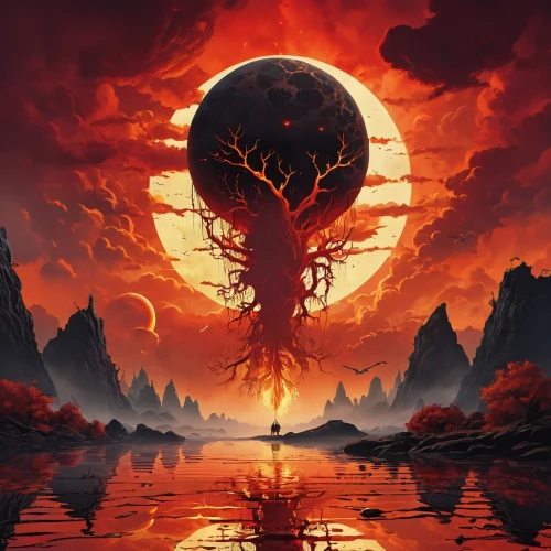 red sun,fire planet,blood moon,scorched earth,burning earth,blood moon eclipse,red planet,lake of fire,sunroot,molten,volcanic,volcano,dead earth,rising sun,blood maple,firethorn,burning bush,pillar of fire,red earth,red sky,Photography,General,Realistic
