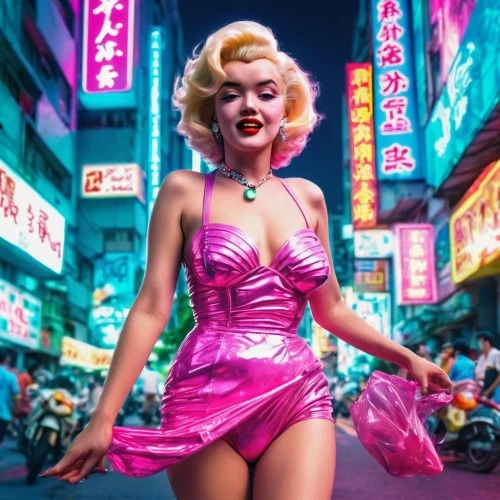 marylyn monroe - female,marilyn,neo-burlesque,retro woman,pink lady,bangkok,neon body painting,retro girl,barbie,80s,harajuku,retro women,ann margarett-hollywood,popart,rockabella,femme fatale,merilyn monroe,pin-up girl,vintage asian,plastic model,Conceptual Art,Sci-Fi,Sci-Fi 28