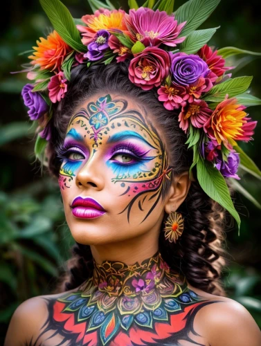 polynesian girl,polynesian,face paint,fairy peacock,beautiful girl with flowers,body painting,headdress,girl in flowers,la catrina,maori,bodypainting,moana,african daisies,colorful floral,hula,exotic flower,floral wreath,feather headdress,face painting,tribal masks