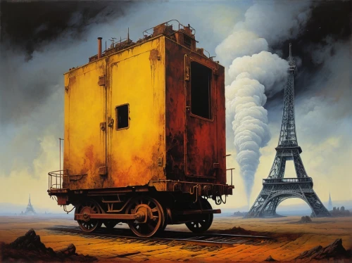 boxcar,ghost locomotive,universal exhibition of paris,yellow machinery,industrial smoke,industrial landscape,mobile home,box car,oil tank,rust-orange,railroad car,train car,freight transport,courier box,freight car,railway carriage,beekeeper's smoker,container freighter,oil industry,pollution,Conceptual Art,Fantasy,Fantasy 03