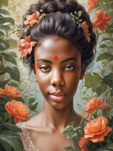 girl in flowers,girl in a wreath,mystical portrait of a girl,fantasy portrait,west indian jasmine,flower painting,digital painting,jasmine blossom,african woman,flora,flower girl,portrait of a girl,world digital painting,african american woman,indian jasmine,beautiful african american women,radha,oil painting on canvas,indian art,camellia