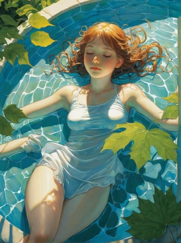 underwater background,water nymph,girl lying on the grass,swimmer,swimming pool,swim ring,submerged,thermal spring,swim,pool water,swimming,girl in the garden,under the water,summer floatation,underwater,lilly pond,pool,aqua studio,float,in water,Illustration,Realistic Fantasy,Realistic Fantasy 04