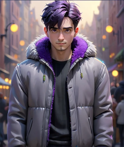 purple wallpaper,purple background,yukio,gangneoung,rich purple,cg artwork,parka,portrait background,dark purple,jacket,evangelion eva 00 unit,nikko,ren,purple,city ​​portrait,purple skin,new york aster,dusk background,male character,taro,Anime,Anime,Cartoon