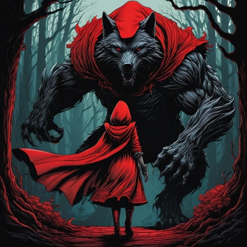 red riding hood,little red riding hood,wolfman,red wolf,werewolves,werewolf,blood hound,the wolf pit,howling wolf,red cape,howl,krampus,wolf,dracula,devilwood,two wolves,red dog,wolf couple,red lantern,the witch,Illustration,Realistic Fantasy,Realistic Fantasy 25