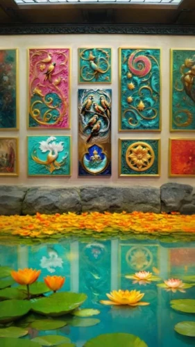 lotus pond,water lilies,lily pond,lotuses,ornamental fish,koi pond,water lily plate,water lotus,floating market,lilly pond,fish pond,chinese art,lotus on pond,lily pads,lotus flowers,chrysanthemum exhibition,golden lotus flowers,flower painting,aquarium decor,lotus effect