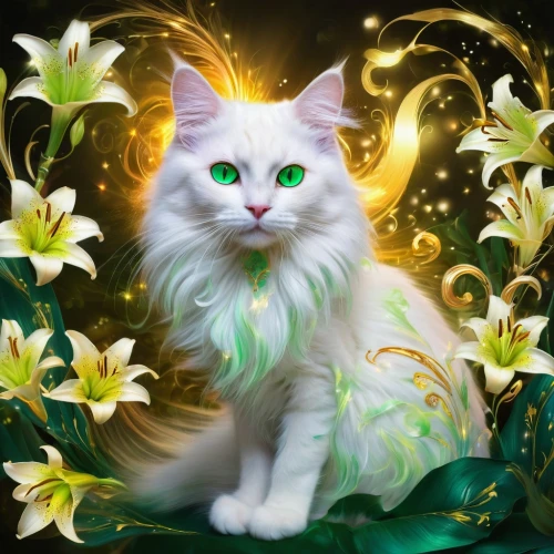 turkish angora,flower cat,white cat,turkish van,norwegian forest cat,blossom kitten,cat vector,birman,novruz,domestic long-haired cat,british longhair cat,maincoon,flower animal,spring unicorn,spring background,portrait background,flower background,springtime background,emerald,breed cat,Illustration,Realistic Fantasy,Realistic Fantasy 37