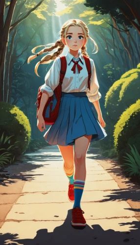 studio ghibli,girl walking away,schoolgirl,tsumugi kotobuki k-on,world digital painting,walk,digital painting,school skirt,walk in a park,school uniform,stroll,anime girl,school clothes,akko,digital illustration,walking,little girl in wind,kids illustration,sci fiction illustration,girl in a long,Illustration,American Style,American Style 09