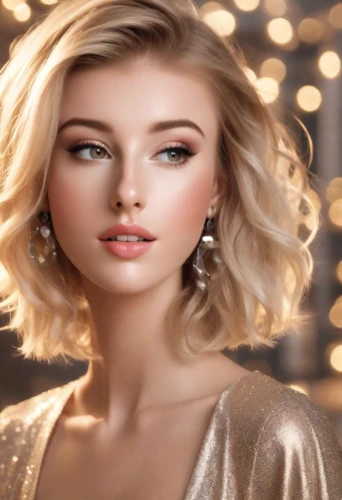 romantic look,women's cosmetics,gold jewelry,visual effect lighting,bridal jewelry,artificial hair integrations,vintage makeup,portrait background,glittering,eyes makeup,realdoll,blonde woman,natural cosmetic,champagne color,gold color,sparkling,fashion vector,mary-gold,blonde girl with christmas gift,romantic portrait,Photography,Commercial