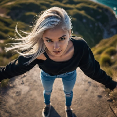 vertigo,looking down,woman free skating,looking up,take-off of a cliff,portrait photography,blonde woman,hanging down,leaving your comfort zone,the blonde photographer,above,lensball,climb,girl upside down,up high,parkour,girl on the dune,girl in t-shirt,portrait photographers,jumping,Photography,General,Cinematic