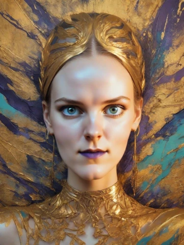 fae,fairy peacock,golden crown,mary-gold,mystical portrait of a girl,valerian,fantasy portrait,celtic queen,golden mask,aura,avatar,fantasy woman,blue enchantress,gold foil mermaid,angel face,violet head elf,faerie,faery,gold mask,peacock