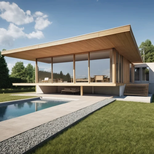 pool house,mid century house,dunes house,3d rendering,wooden decking,modern house,timber house,folding roof,flat roof,summer house,grass roof,landscape design sydney,prefabricated buildings,archidaily,wood deck,eco-construction,mid century modern,roof landscape,turf roof,corten steel,Photography,General,Realistic