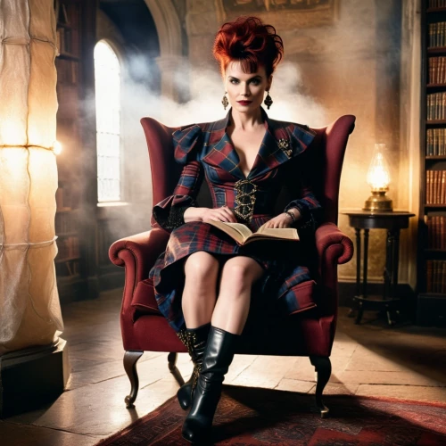 wing chair,librarian,vanity fair,tartan background,gothic fashion,armchair,gothic portrait,tilda,woman in menswear,cordwainer,queen of hearts,maureen o'hara - female,business woman,leather boots,rockabilly style,autumn plaid pattern,overcoat,upholstery,tartan,pumuckl,Photography,General,Cinematic
