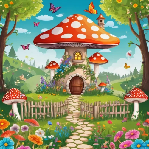 mushroom landscape,fairy village,mushroom island,fairy world,fairy house,toadstools,fairy forest,toadstool,dandelion hall,fairy chimney,wishing well,club mushroom,fairy door,amanita,children's background,mushrooms,wonderland,springtime background,cartoon video game background,fairy galaxy,Unique,Design,Infographics